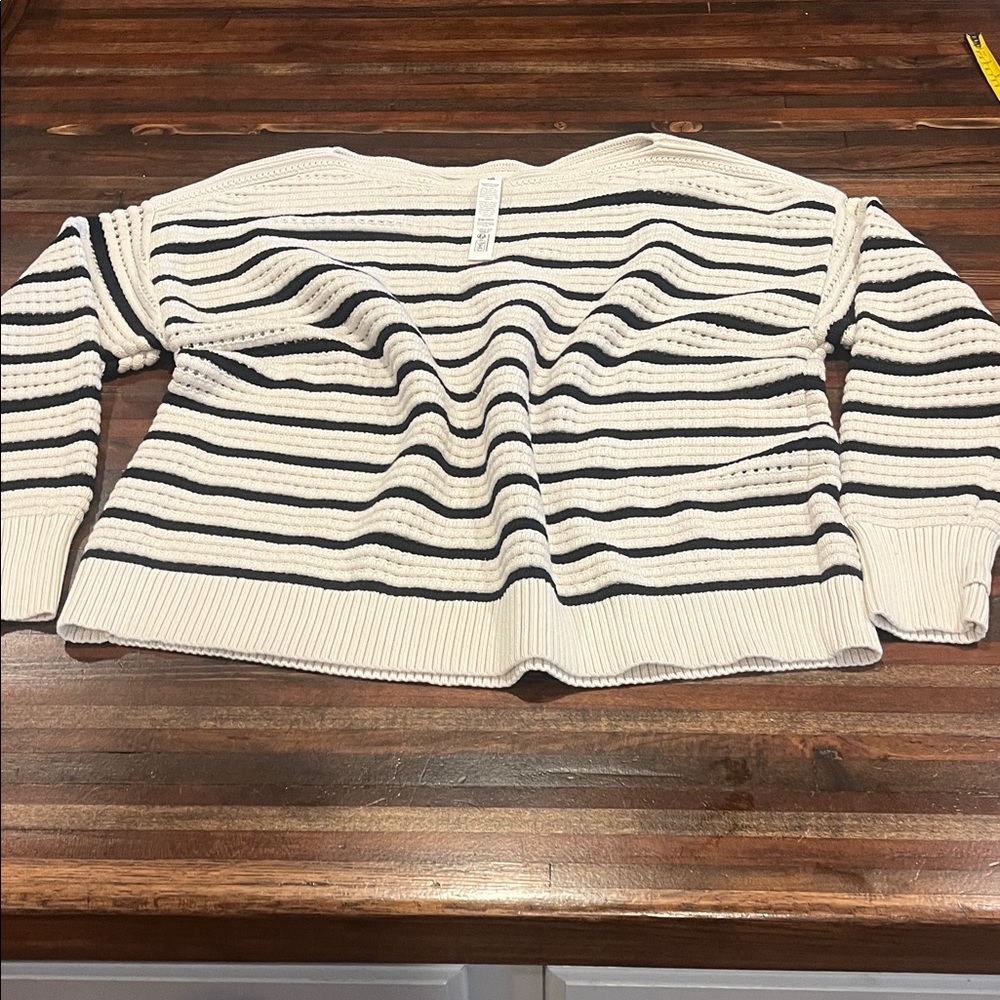 Lululemon Nautical Striped Crochet Off-Shoulder Cream and Blue Women's Sweater